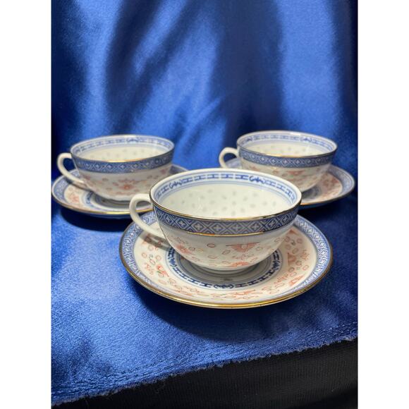 Set of 3 Chinese Grain of Rice Porcelain Tea Cup and Saucer - Picture 2 of 9
